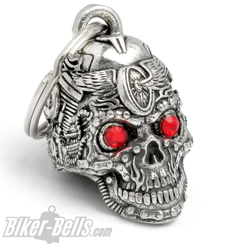 3D Motorhead Biker-Bell Totenkopf aus Motorradteilen mit Roten Terminator Augen