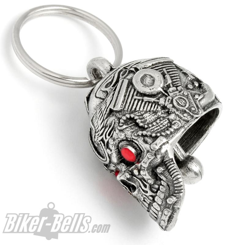 3D Motorhead Biker-Bell Totenkopf aus Motorradteilen mit Roten Terminator Augen