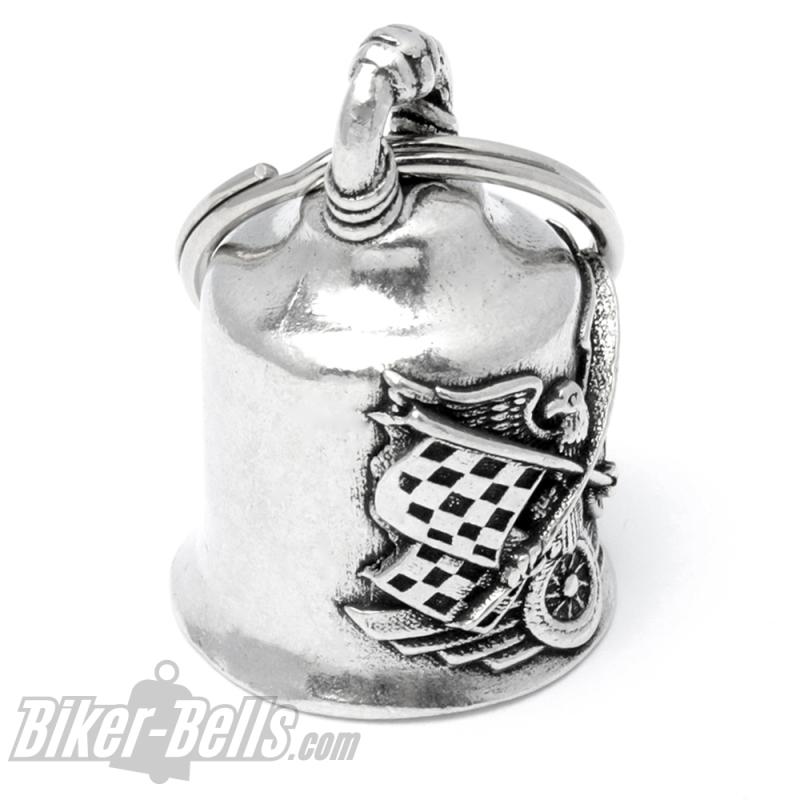 Race Eagle Biker-Bell Adler mit Zielflaggen und Reifen Motorrad Glücksbringer Geschenk