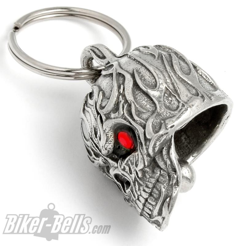 3D Skull with Flames and Red Eyes Biker-Bell burning Skull Motorcycle Diamond Bell