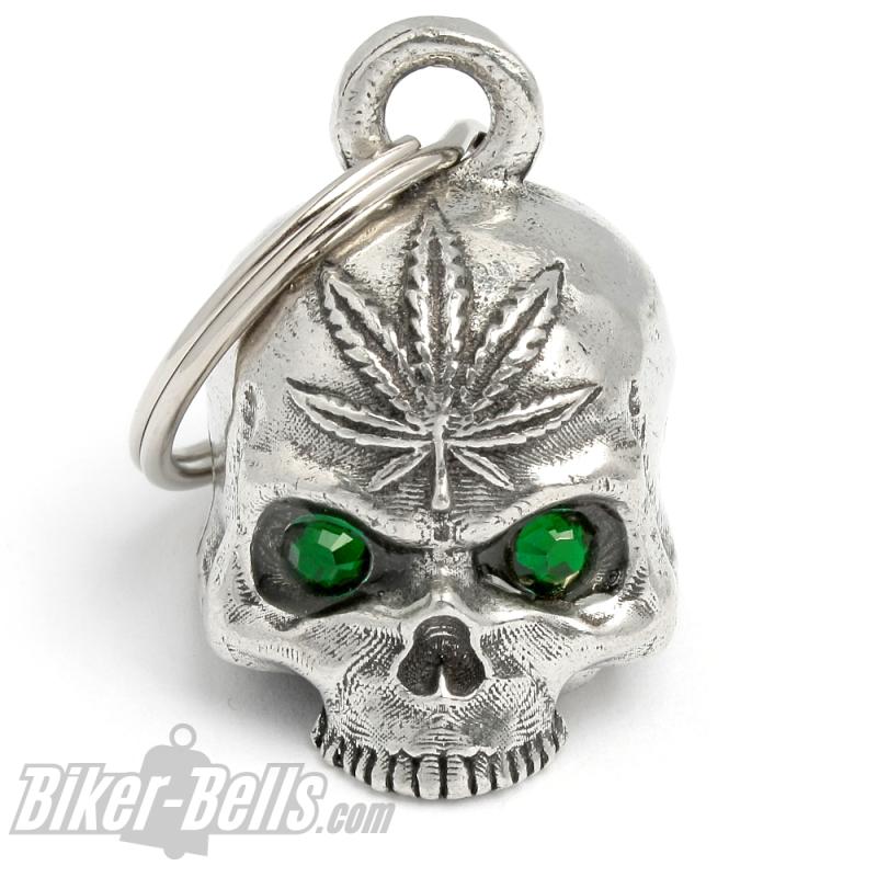 3D Skull Pothead Biker Bell with Cannabis Hemp Leaf Weed and Green Eyes Diamond Bell