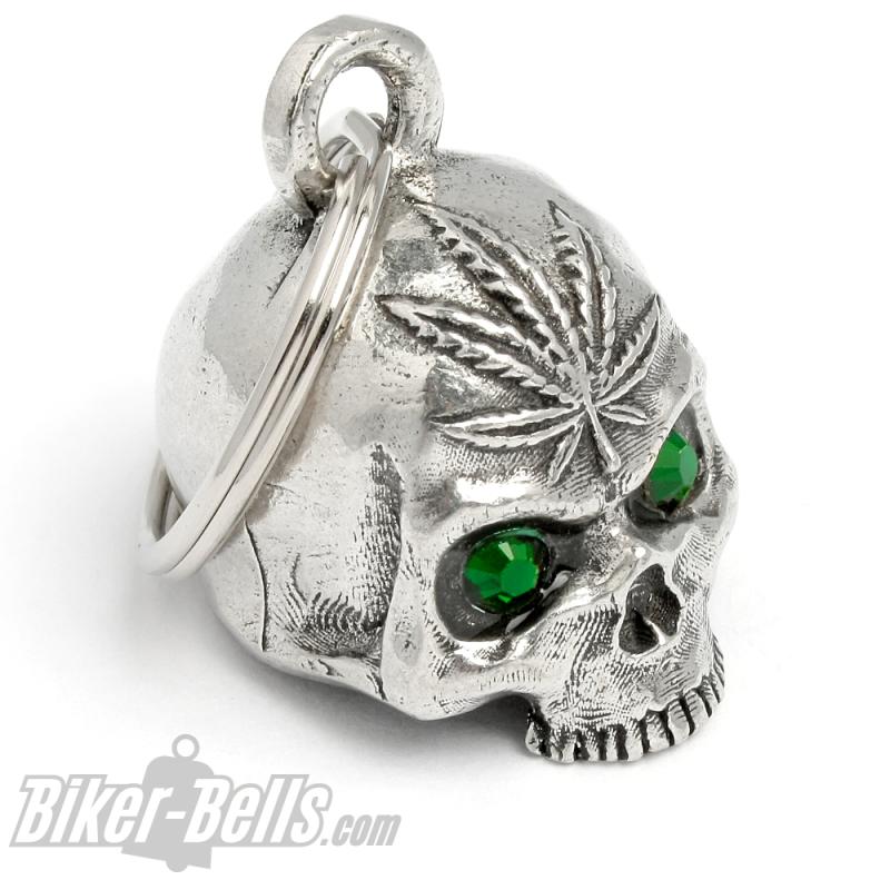 3D Skull Pothead Biker Bell with Cannabis Hemp Leaf Weed and Green Eyes Diamond Bell