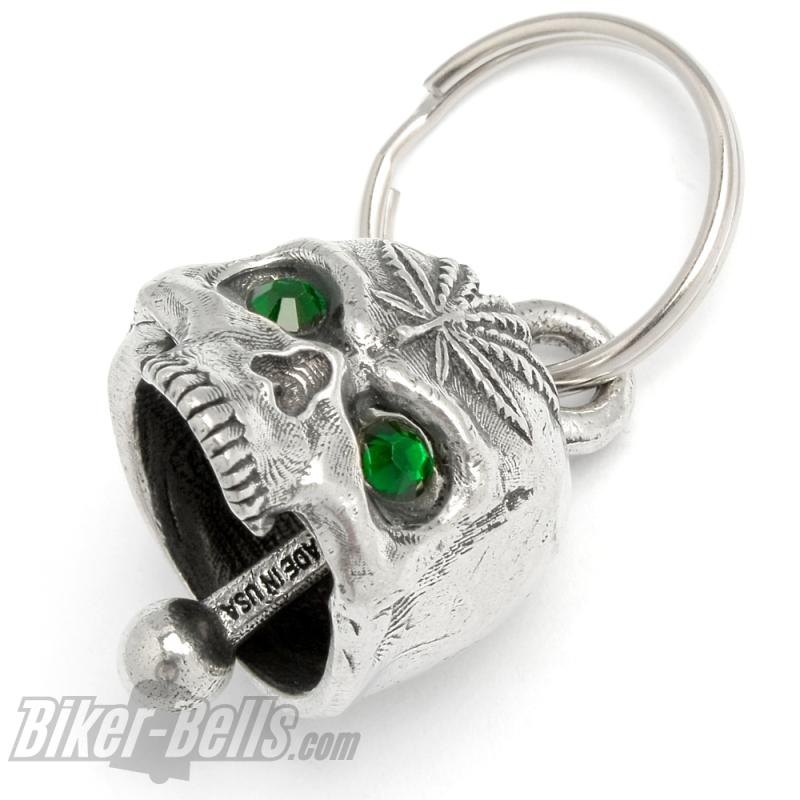 3D Skull Pothead Biker Bell with Cannabis Hemp Leaf Weed and Green Eyes Diamond Bell