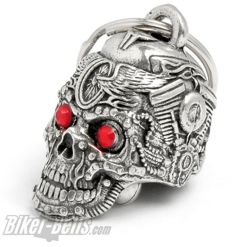 3D Motorhead Biker-Bell Skull made of Motorcycle Parts with Red Terminator Eyes