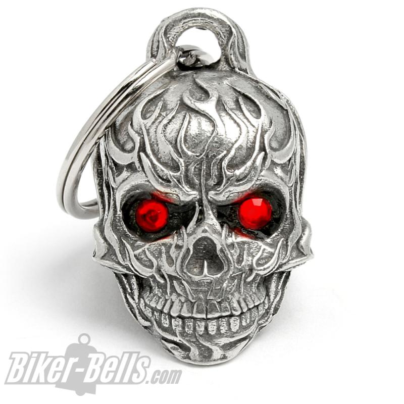 3D Skull with Flames and Red Eyes Biker-Bell burning Skull Motorcycle Diamond Bell