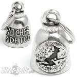 Witch on broom in front of full moon "Witches Ride Too" motorcyclists lucky charm