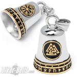 Vegvisir And Valknut Together With Golden Runes On Stainless Steel Biker-Bell